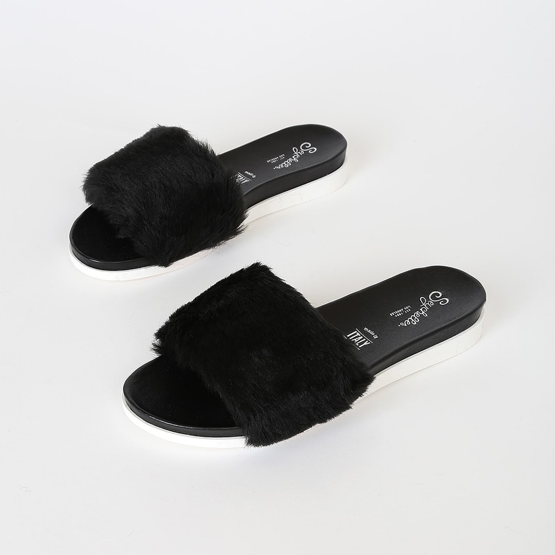 black faux fur slide sandals