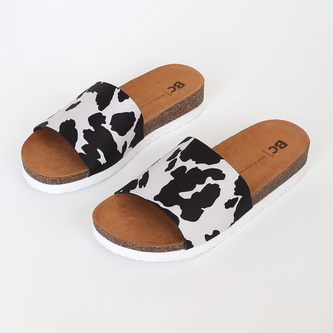 cow print summer slides