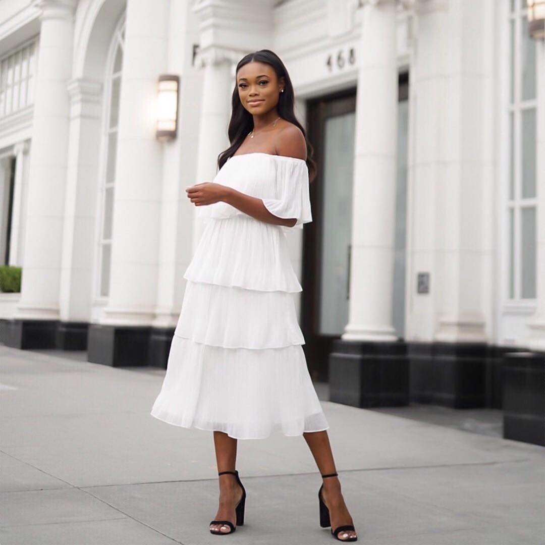 all white outfit with black shoes