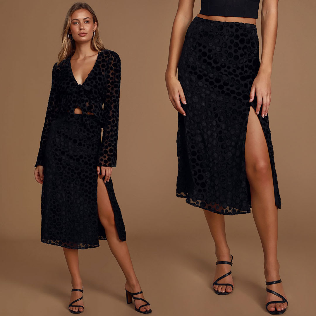 black polka dot velvet skirt