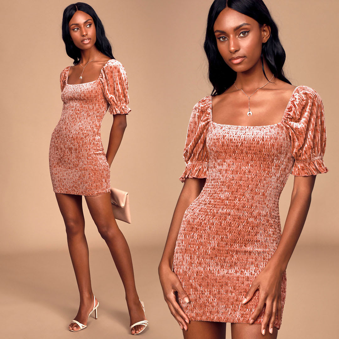 rusty rose puff sleeve velvet dress