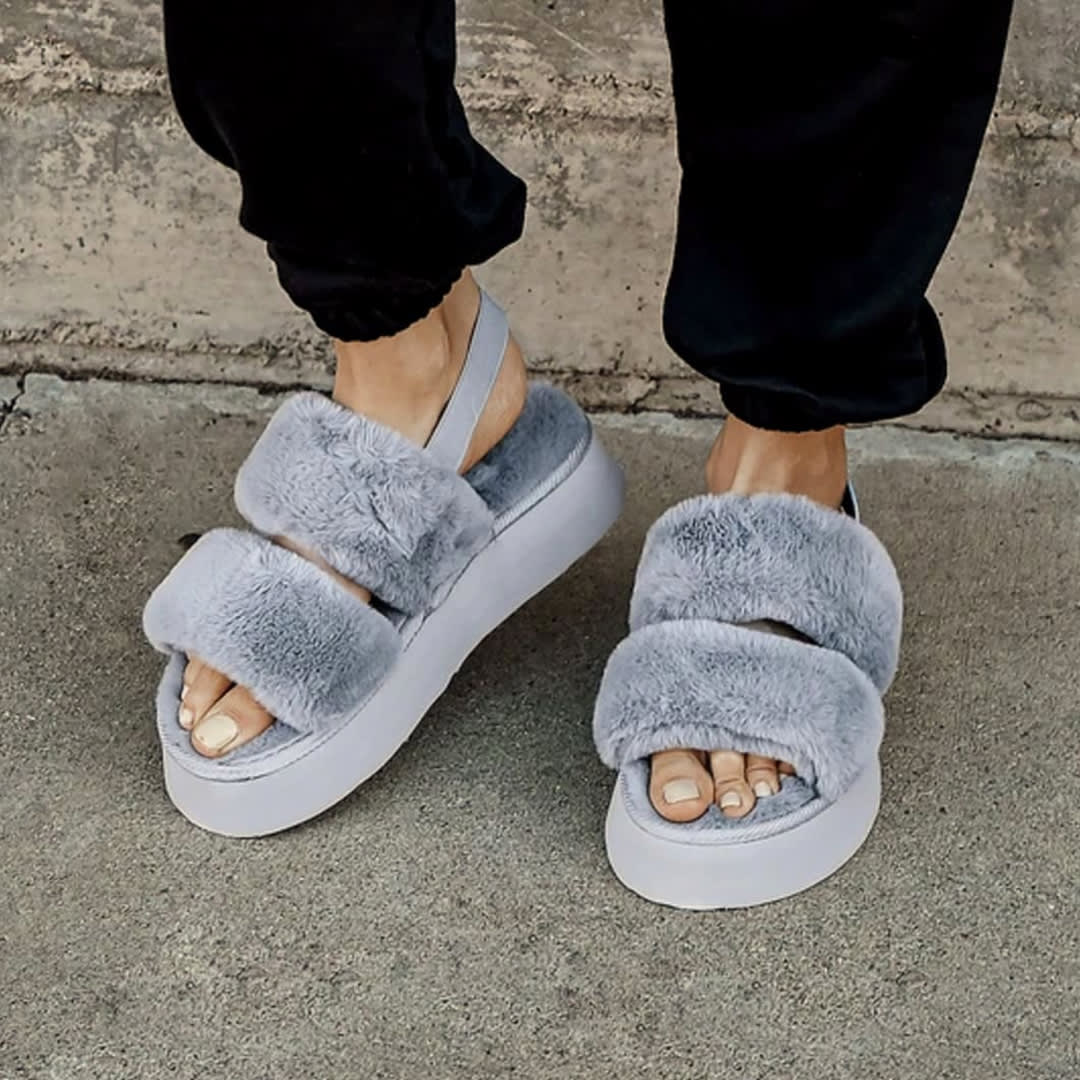 grey faux fur platform slingback slippers