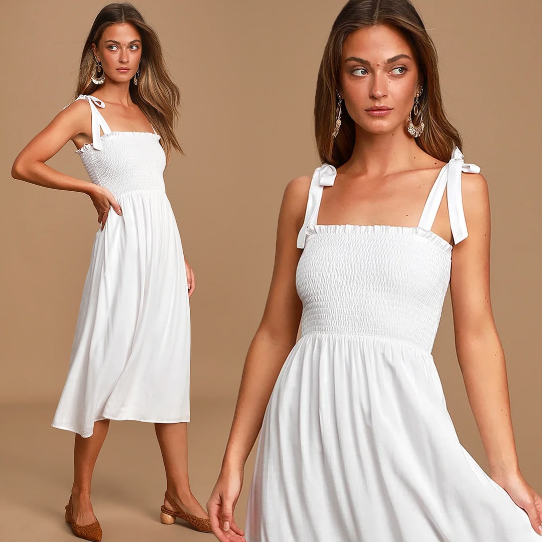 a model wearing a white smocked tie strap 70s-inspired midi dress
