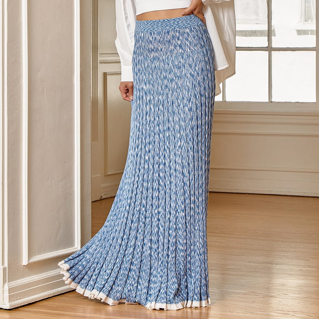 a coastal blue knit maxi skirt on a model