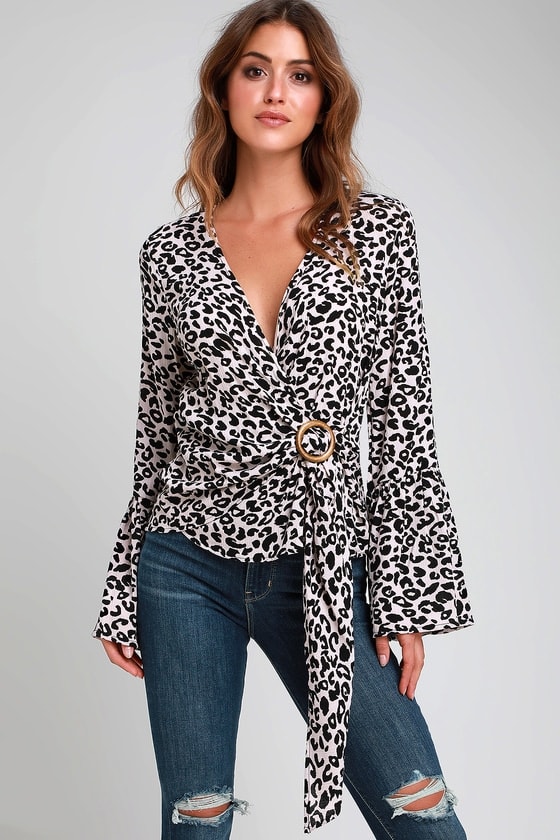 WILD FOR THE NIGHT BEIGE LEOPARD PRINT LONG SLEEVE WRAP TOP