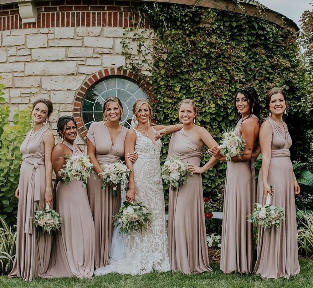 mismatched bridesmaids different dresses same color