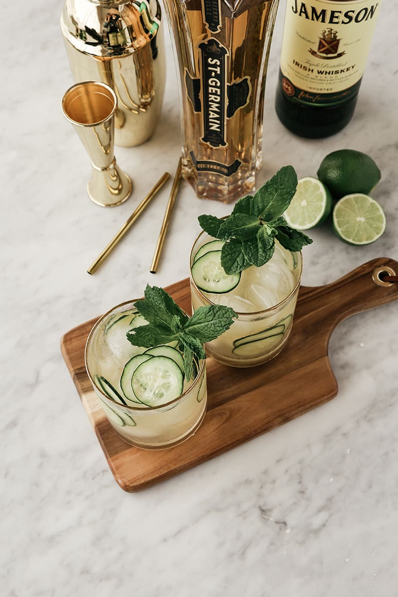 green cocktails- st. patrick's day cocktail with whiskey cucumber mint and st. germaine