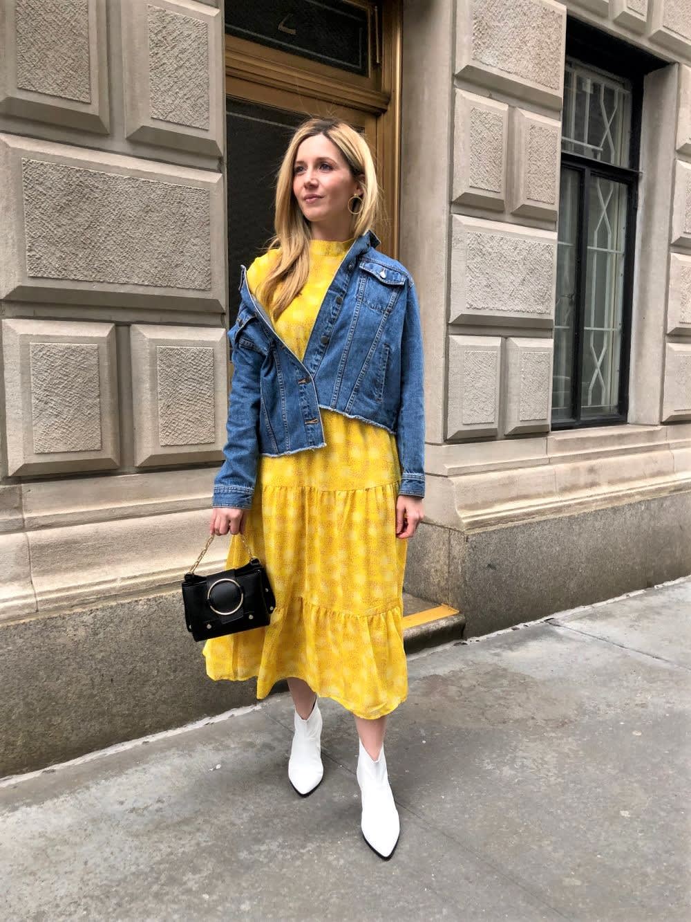 yellow dress with denim jacket