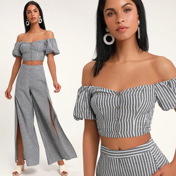 blue and white striped 2 piece outfit