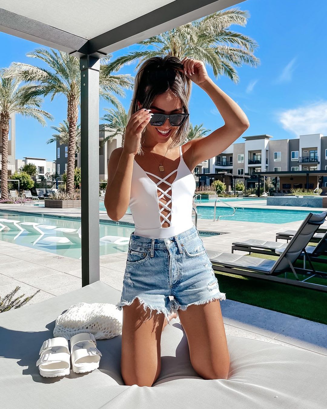 white lace up one-piece swimsuit