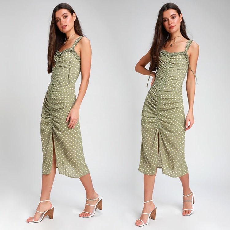 polka dot midi dress in green- polka dot dress - polka dot clothing- polka dots fashion