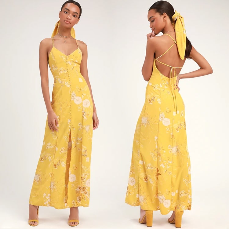 yellow print button front maxi dress