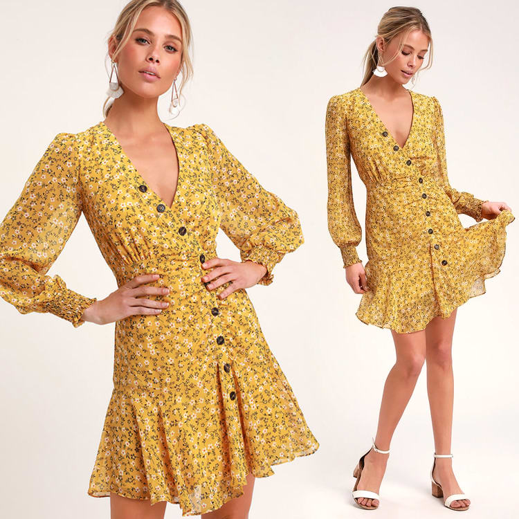 yellow floral print long sleeve dress