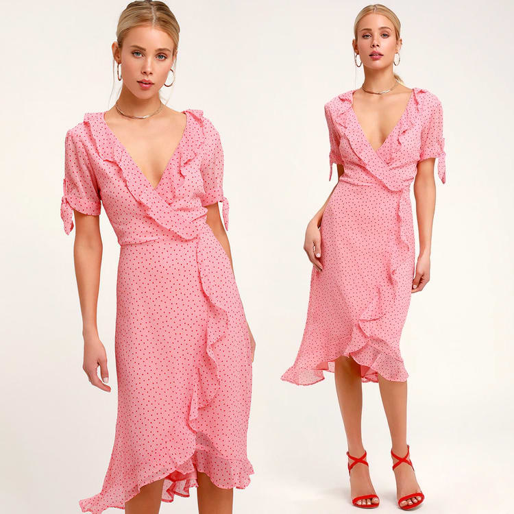 pink polka dot dress- polka dot midi dress-polka dot clothing