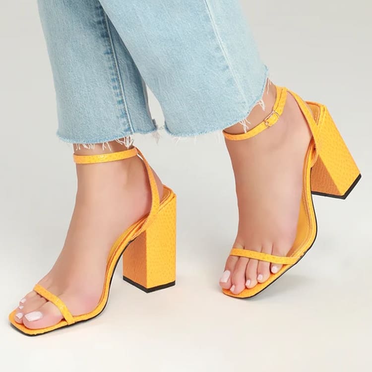 yellow snake square toe ankle strap heels