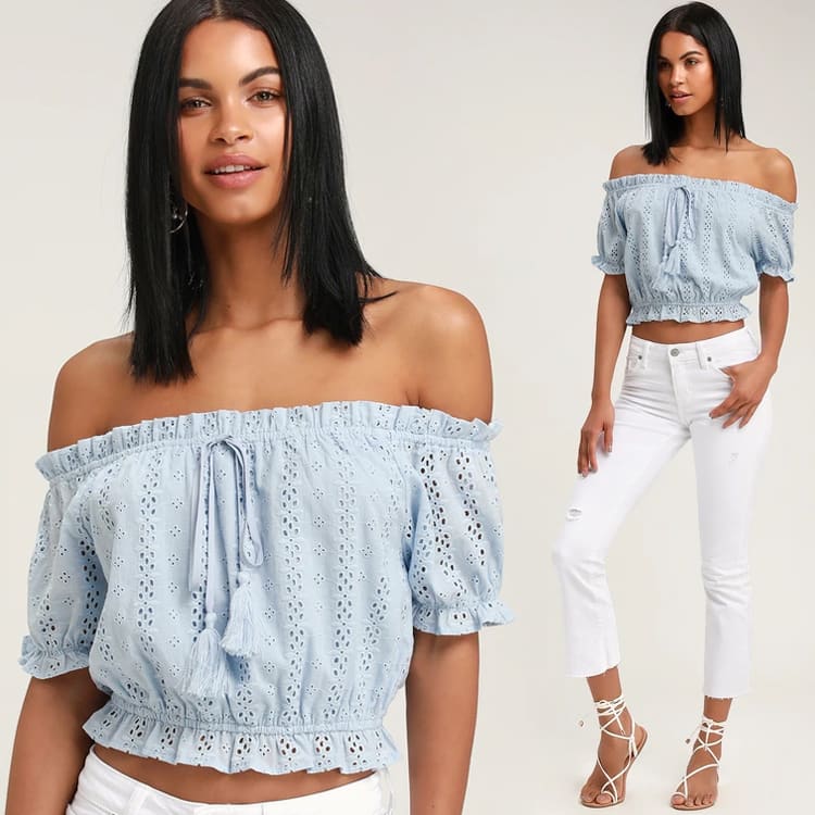 light blue eyelet top