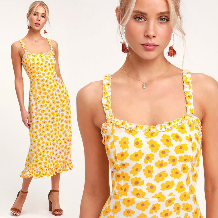 yellow floral print ruffled midi dress