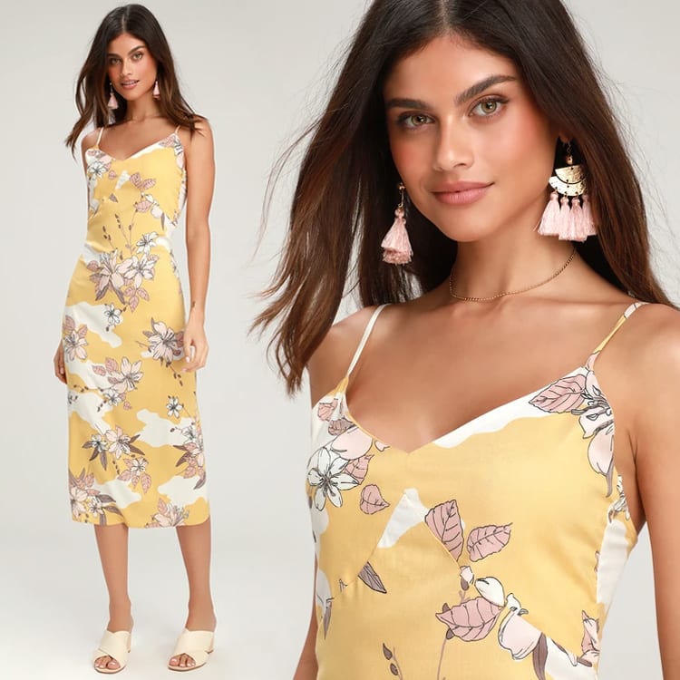 pale yellow floral print sleeveless midi dress