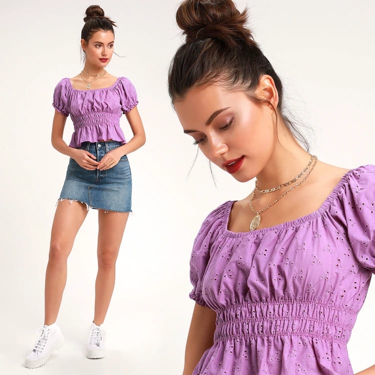 purple eyelet top with puff sleeves