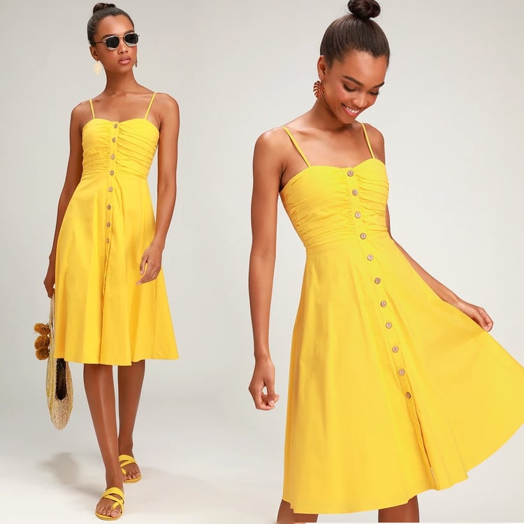 sweet treat golden yellow button up midi dress