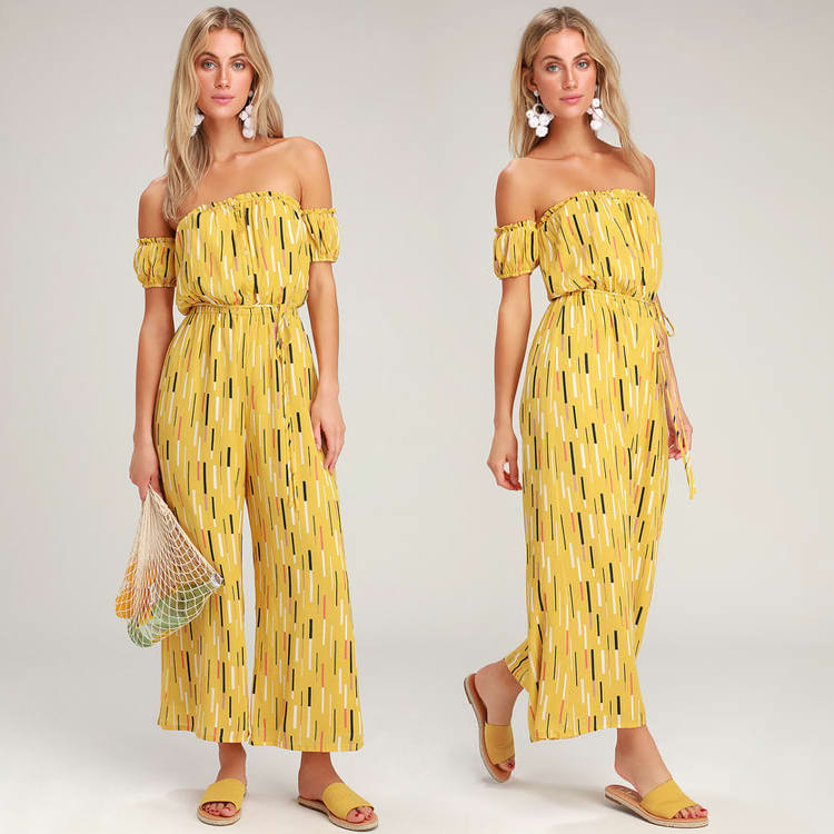 yellow print off the shoulder jumpsuit