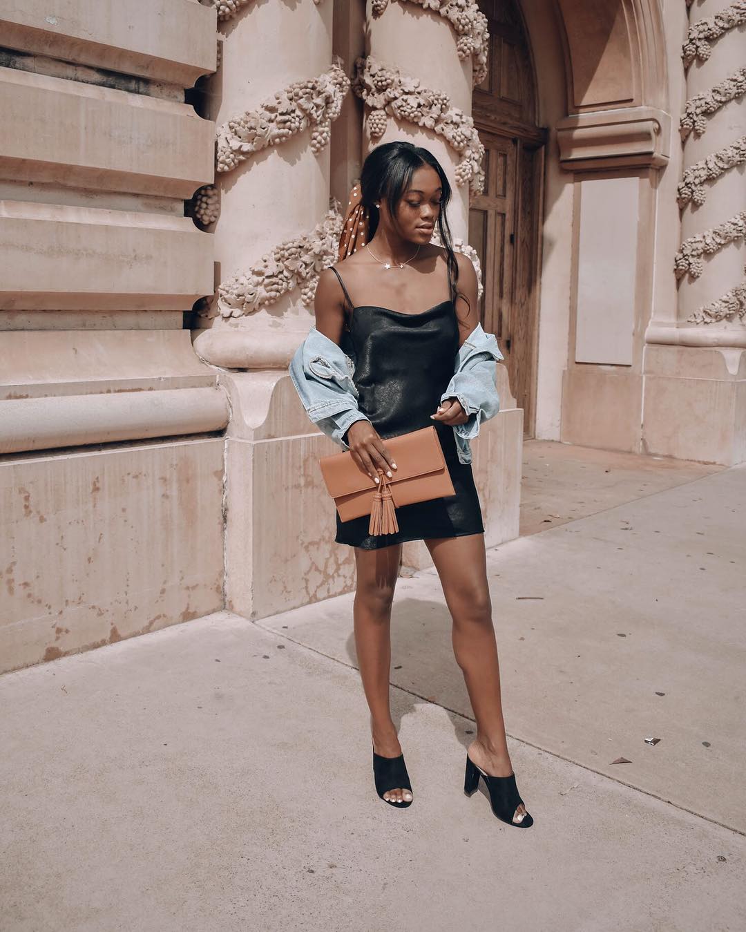 spring outfit ideas - slip dress + denim jacket + mules