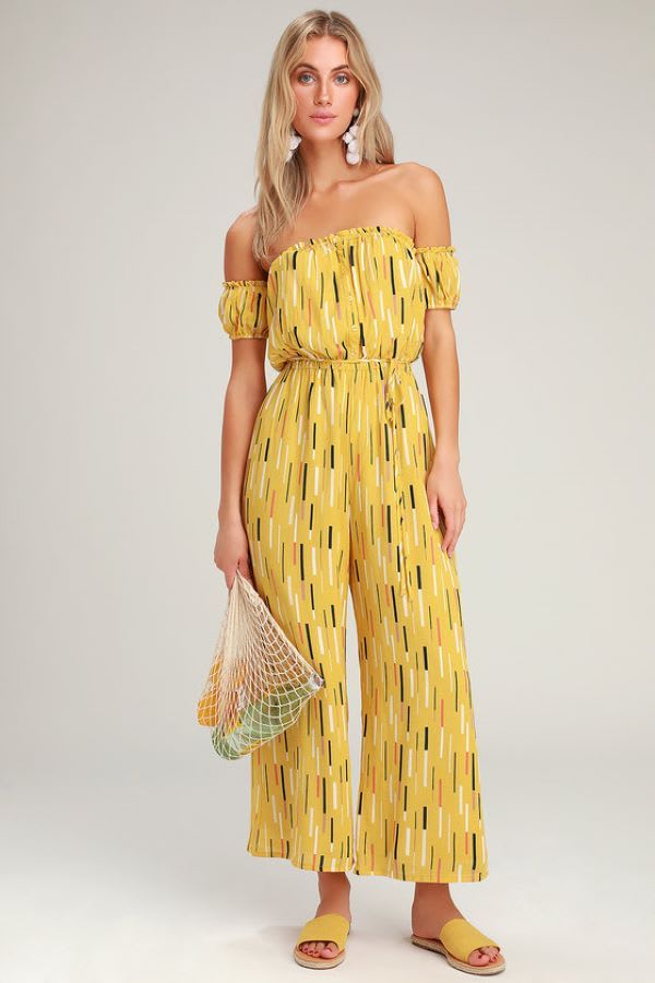 yellow jumpsuit in print- list of summer essentials - wardrobe essentials - wardrobe checklist- summer capsule wardrobe - closet essentials