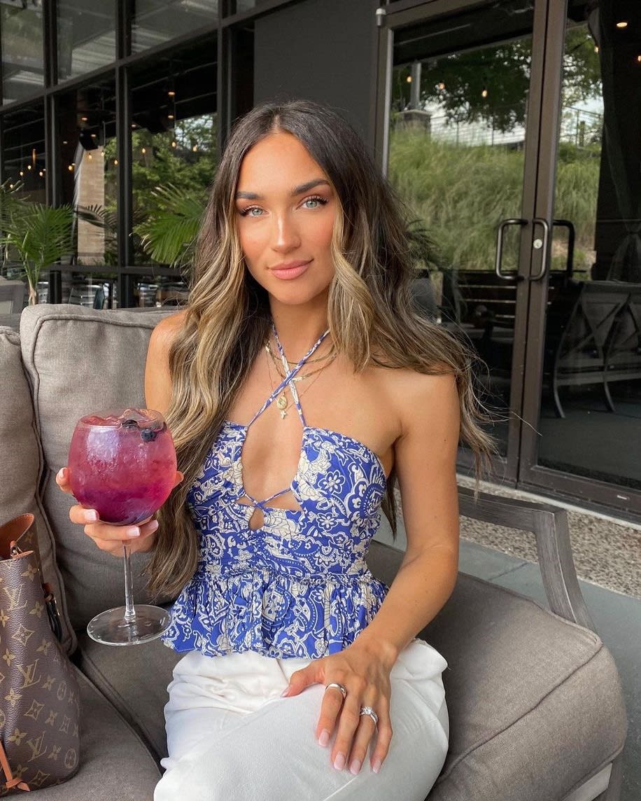 blue boho print cutout peplum halter top