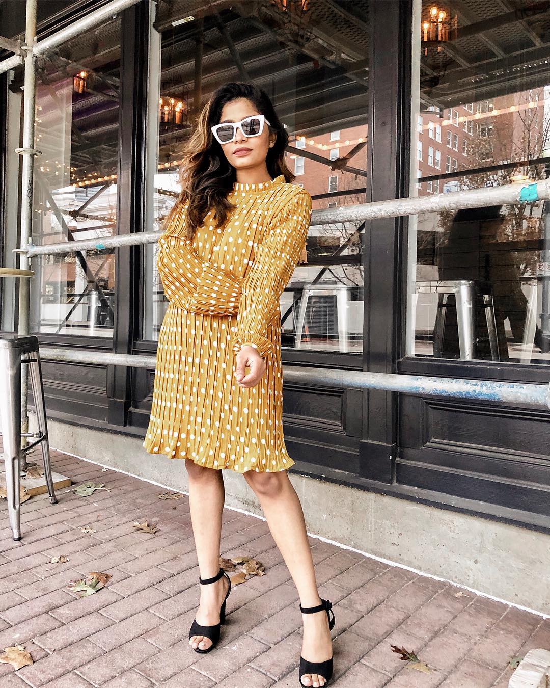 spring outfit ideas - polka dot dress + ankle strap heels + sunglasses