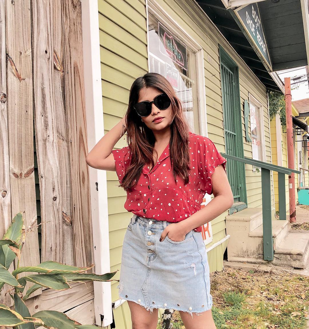 red polka dot blouse