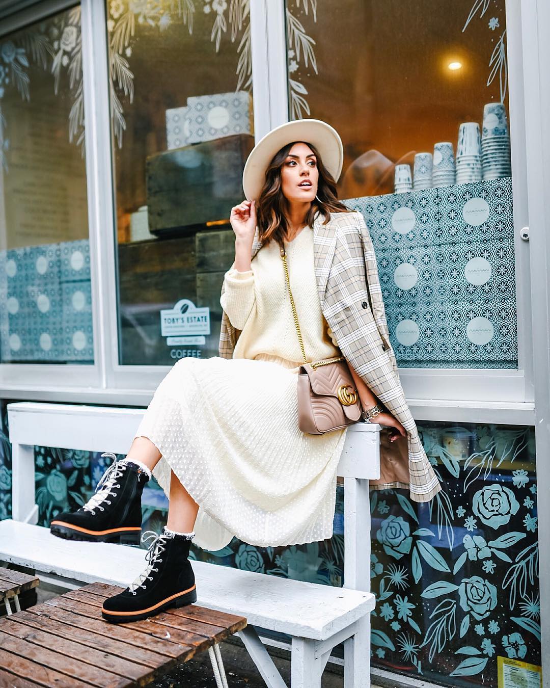 spring outfit ideas - plaid coat + cream skirt + combat boots