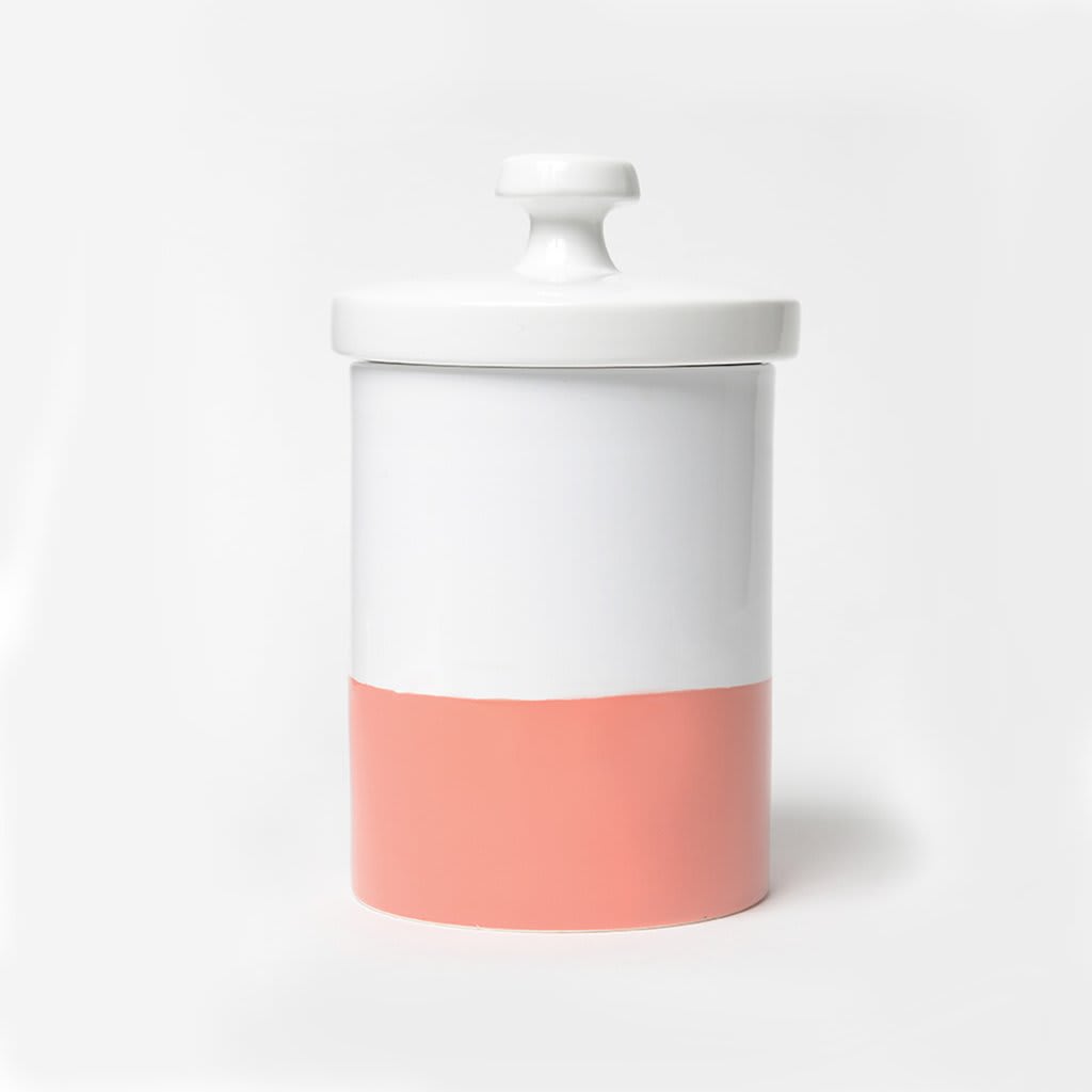 white and coral ceramic dog treat jar