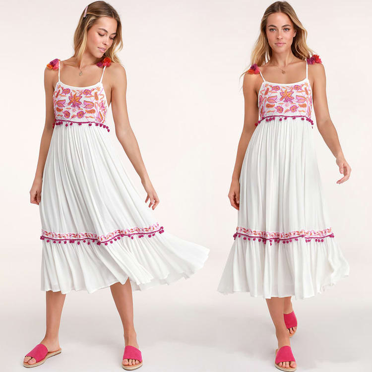 White embroidered midi dress; embroidery clothing - embroidery trend - floral embroidered clothing