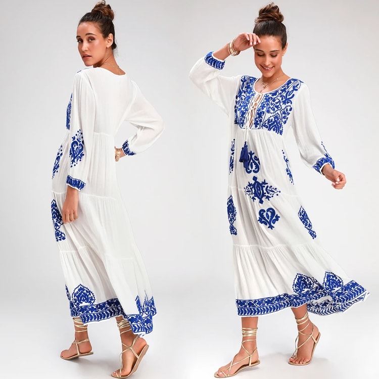 Blue and white embroidered swim cover up: embroidery clothing - embroidery trend - floral embroidered clothing