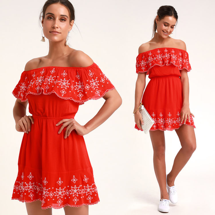 Red ruffle embroidered skater dress: embroidery clothing - embroidery trend - floral embroidered clothing