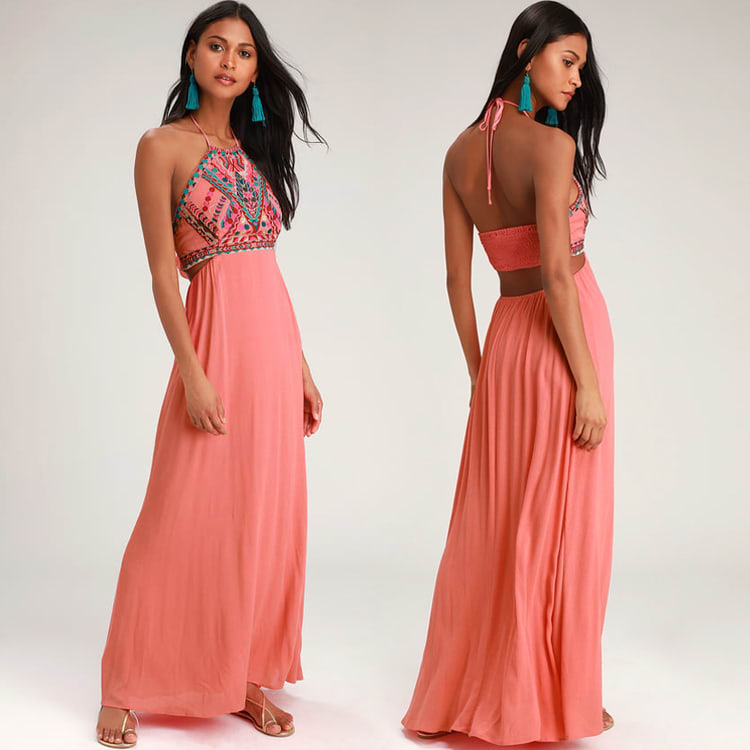 Coral embroidered maxi dress: embroidery clothing - embroidery trend - floral embroidered clothing