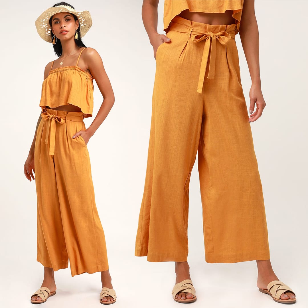 paper bag waist wide leg pants orange