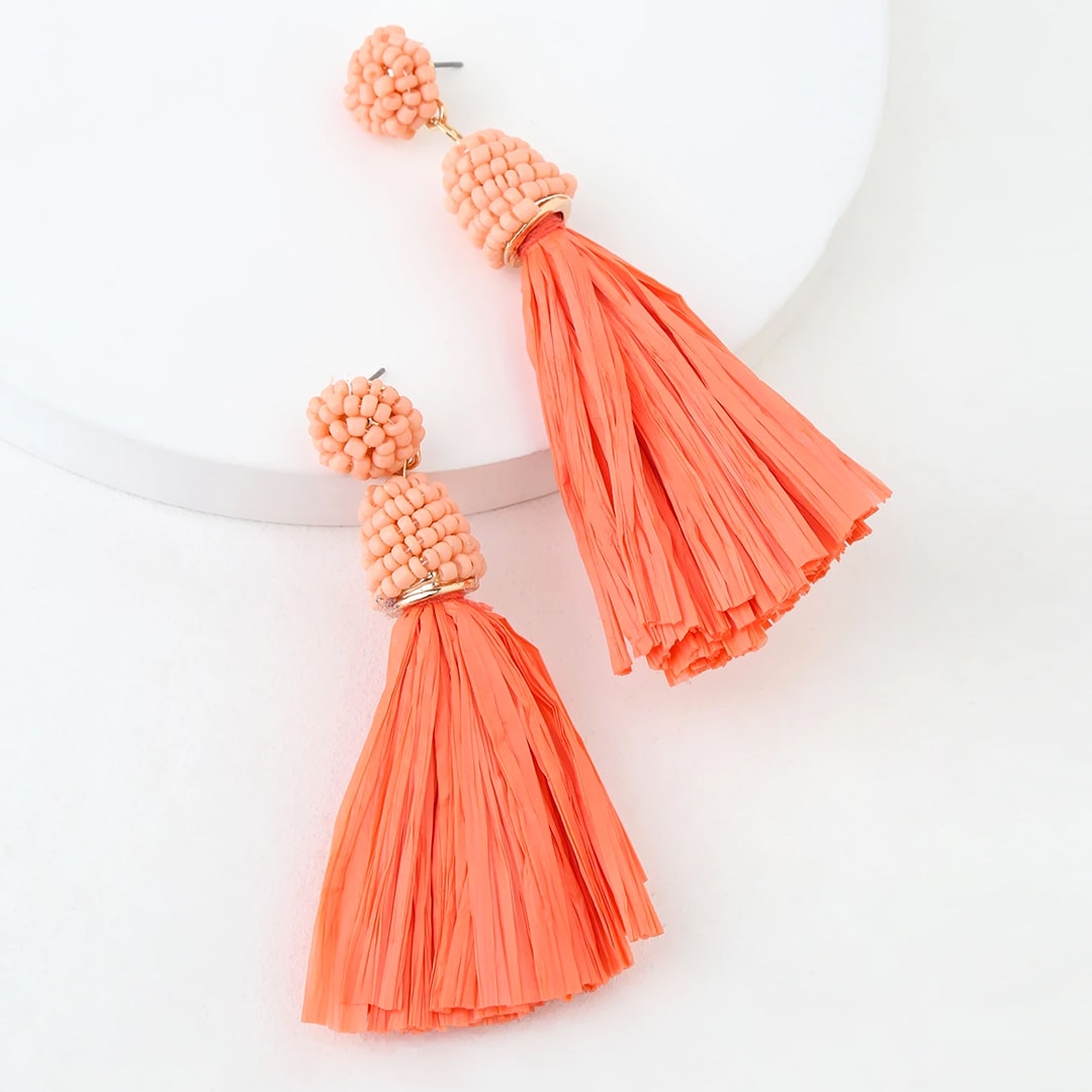 coral beaded raffia tassel earrings for tropical fashion trend