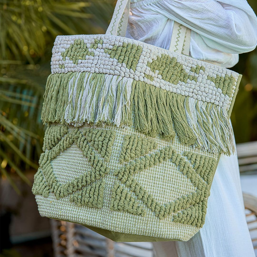 green and beige fringe tote bag