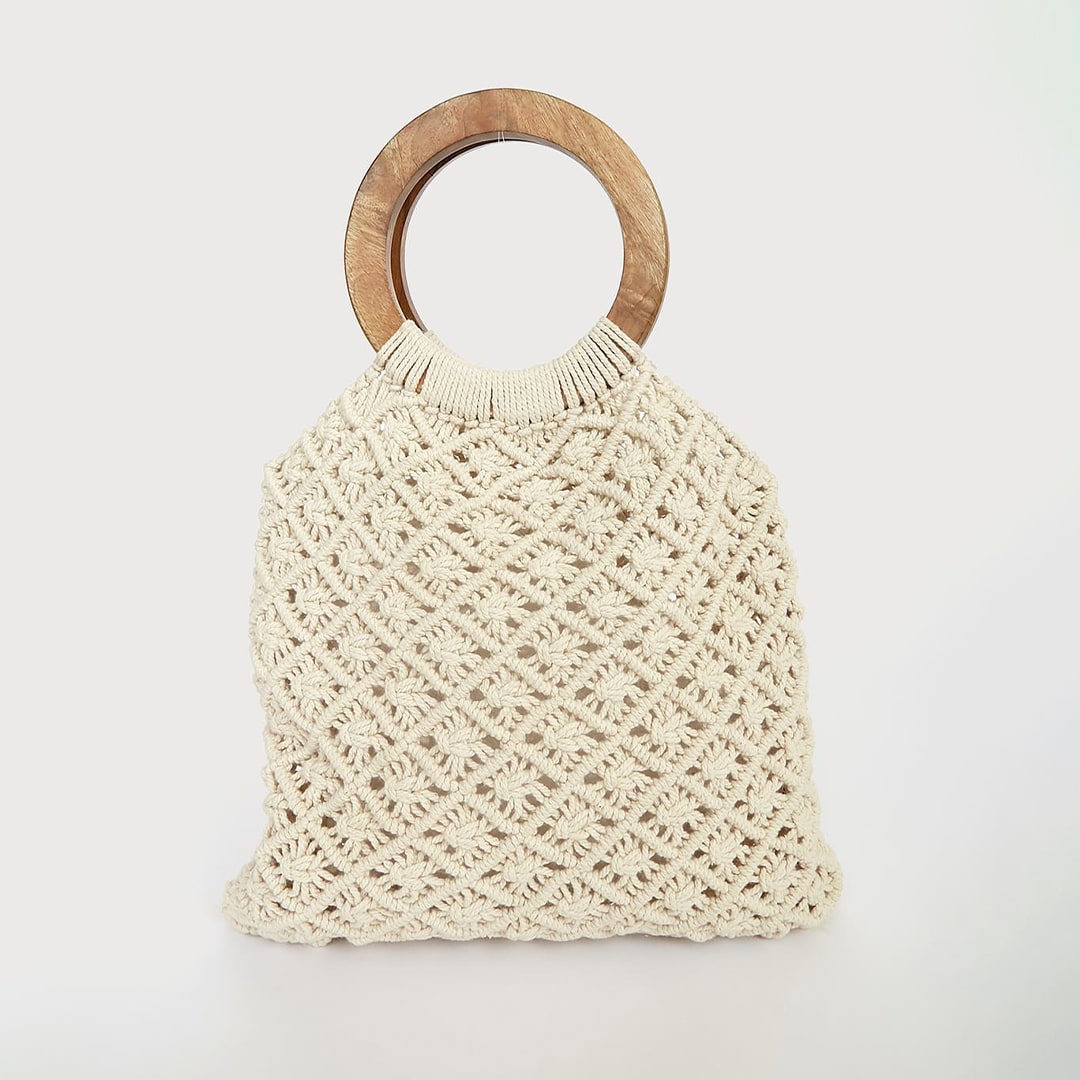 cream macrame tote with wood handles