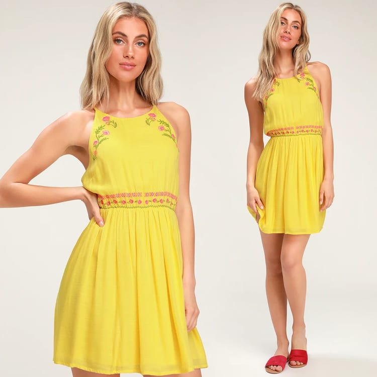 Yellow embroidered dress: embroidery clothing - embroidery trend - floral embroidered clothing