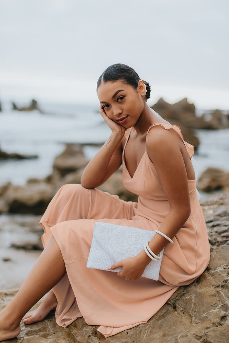 Julianna Stefanovic in blush maxi dress from lulus: 1 dress 4 ways - wedding guest looks -looking for a dress to wear to a wedding - ways to wear a dress