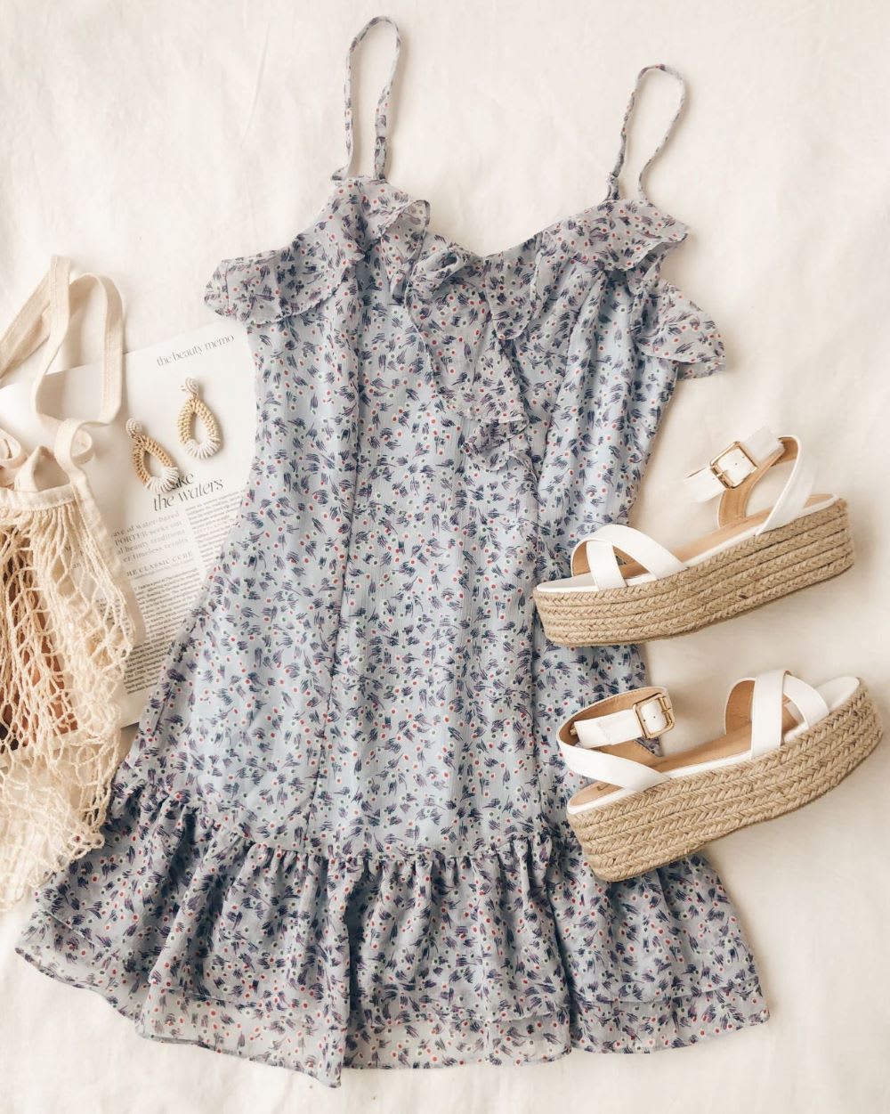 blue floral ruffle dress with white platform espadrille sandals