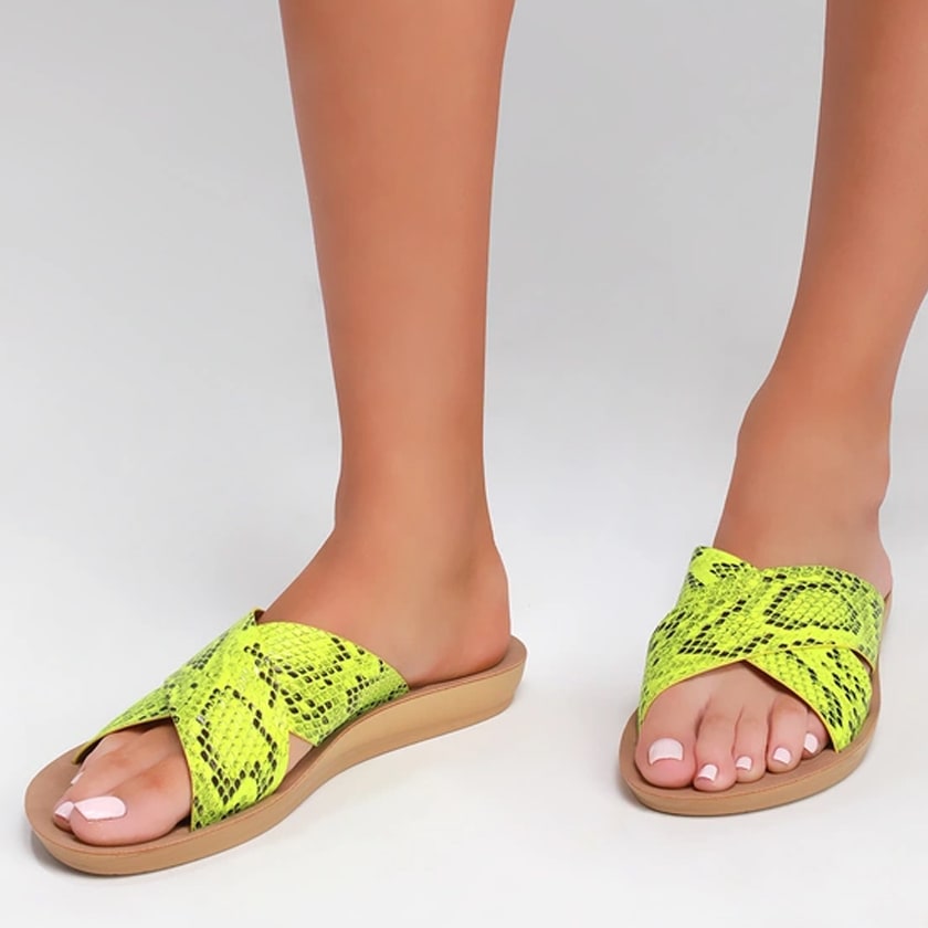 neon green slide sandals: summer accessories, summer outfits, cute summer outfits, summer clot,hes for women summer style, ladies summer clothes