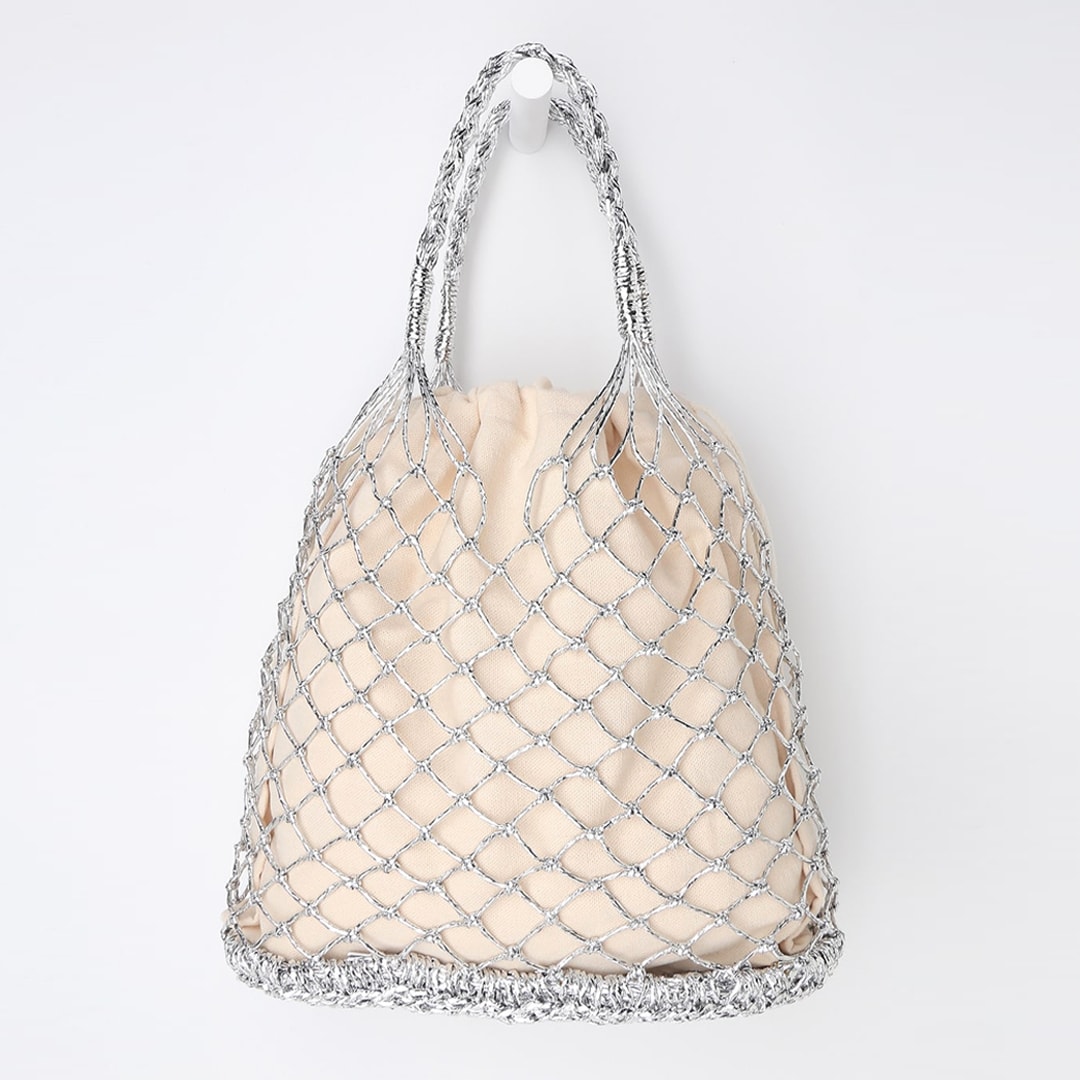 silver woven tote bag