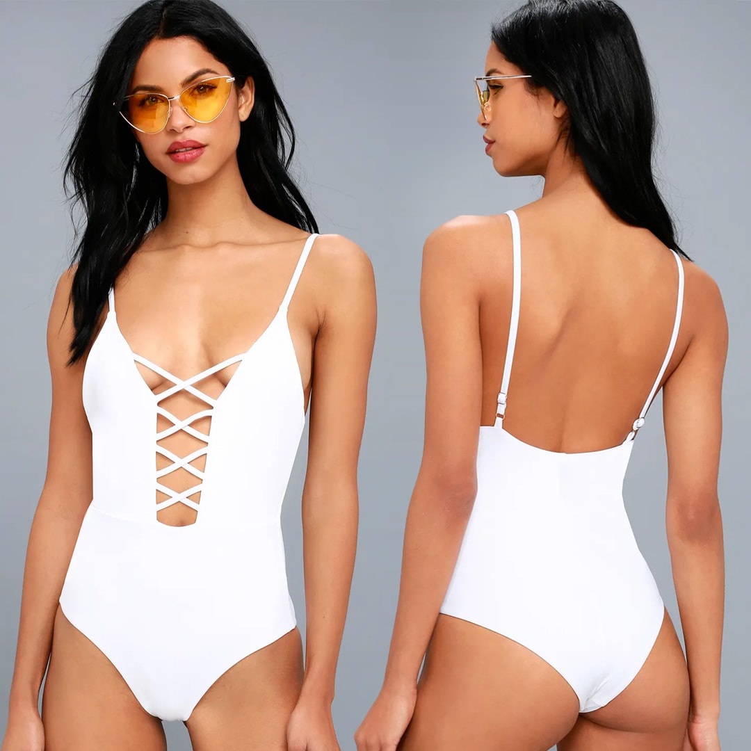 white lace up one piece swimsuit for beach style clothing