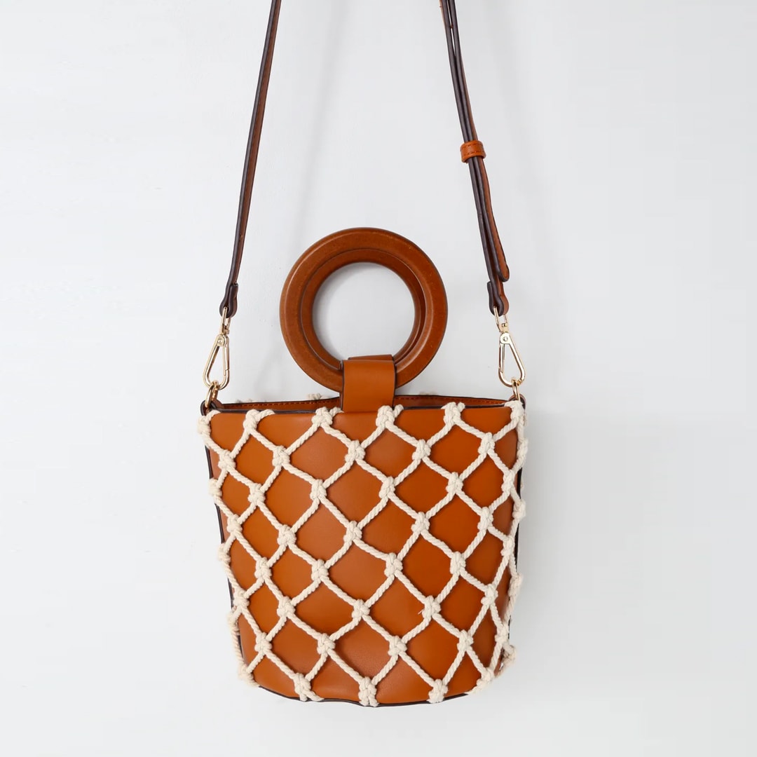 brown net tote for beach attire