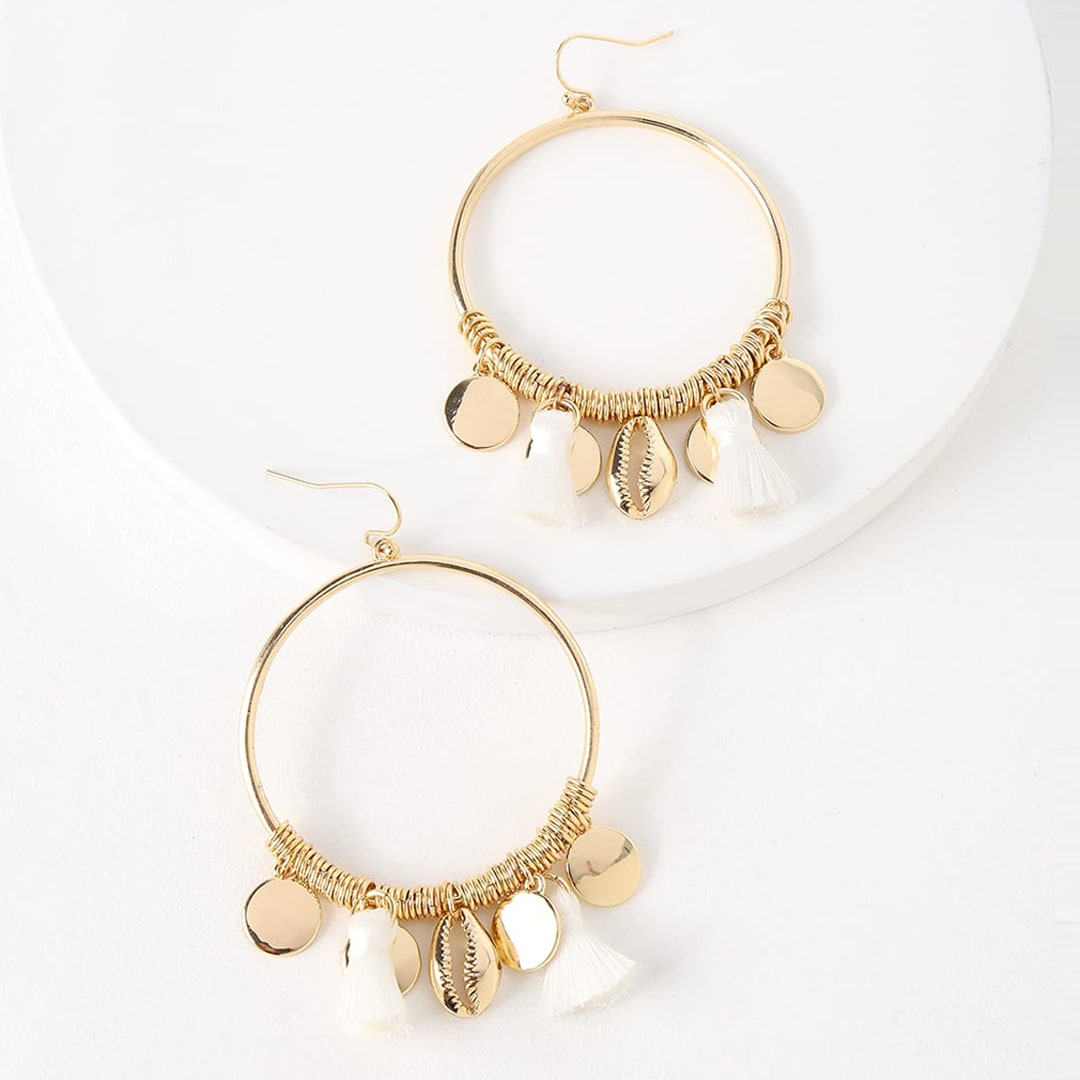 gold cowrie shell tassel earrings