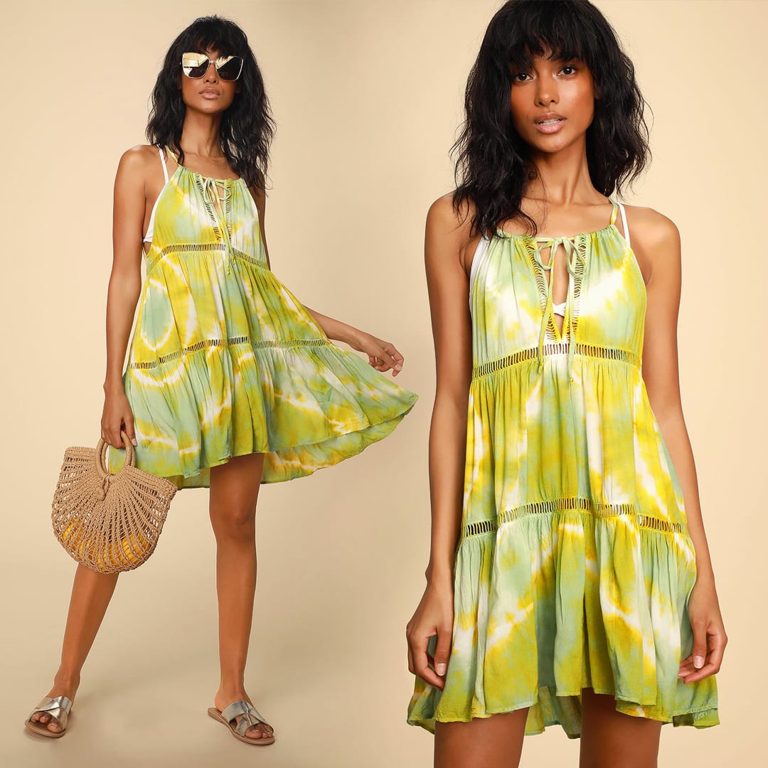 tie dye swim cover up in green and yellow