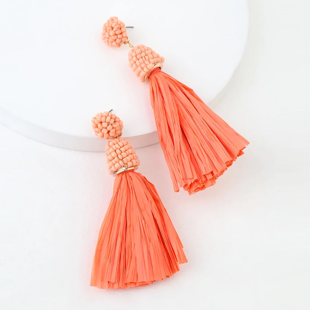 coral beaded tassel earrings